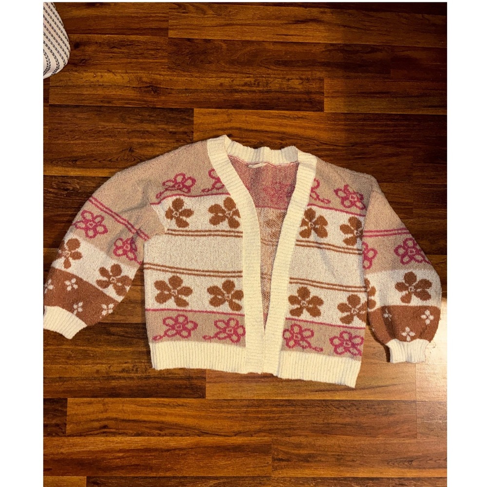 New In Floral Knit Cardigan Sweater Pink Brown Cream Open Front Womens Large